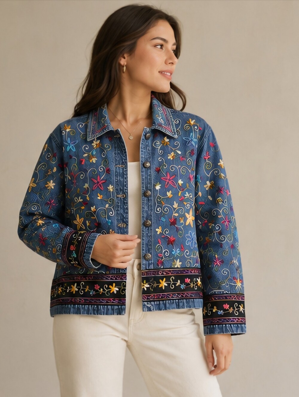 Vintage Y2K New Direction Floral Embroidered Denim Jacket M Statement Peice